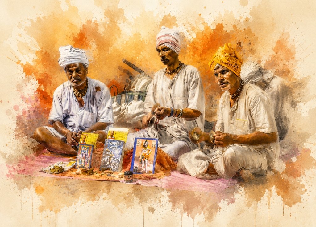 Pandits at Ramghat Ujjain spiritual watercolor