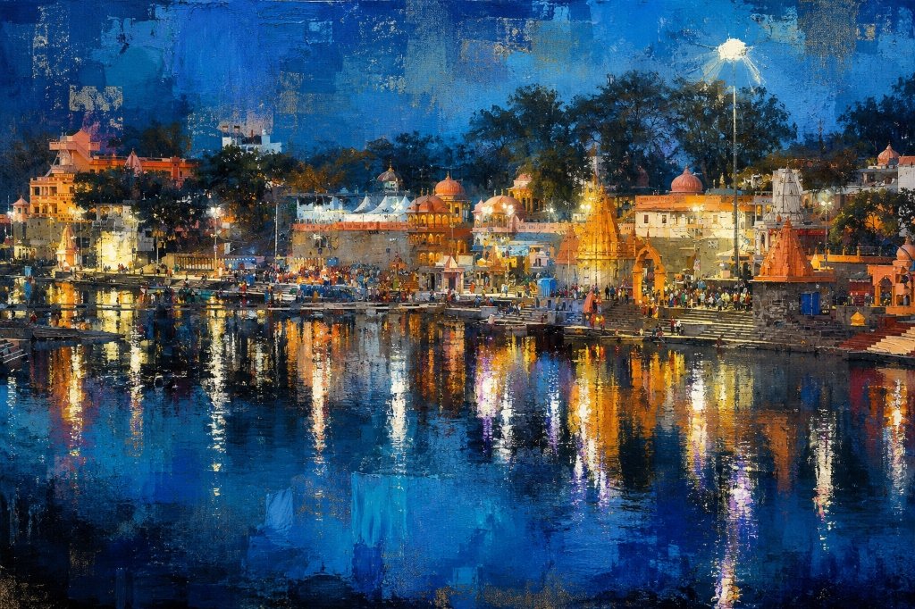 Ramghat Ujjain night view oil painting
