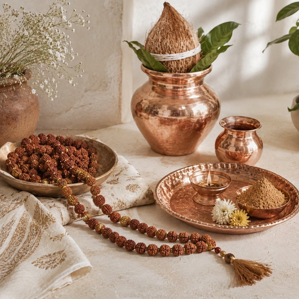Sacred Rudraksha malas and copper pooja items Ujjain