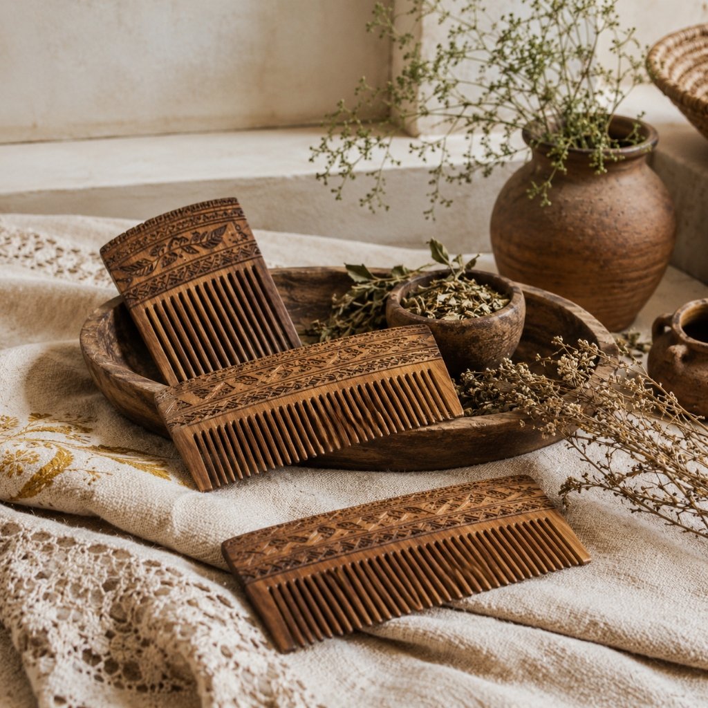 Intricately carved traditional wooden combs handicraft Ujjain